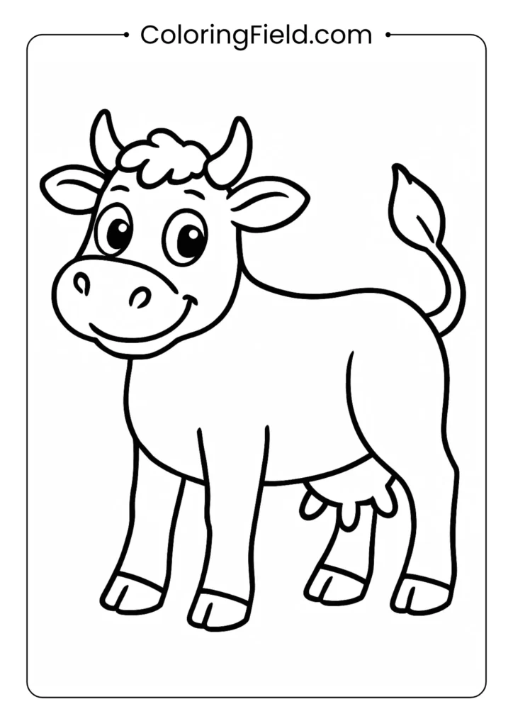 Simple outline drawing of a smiling cow with large eyes for toddler coloring