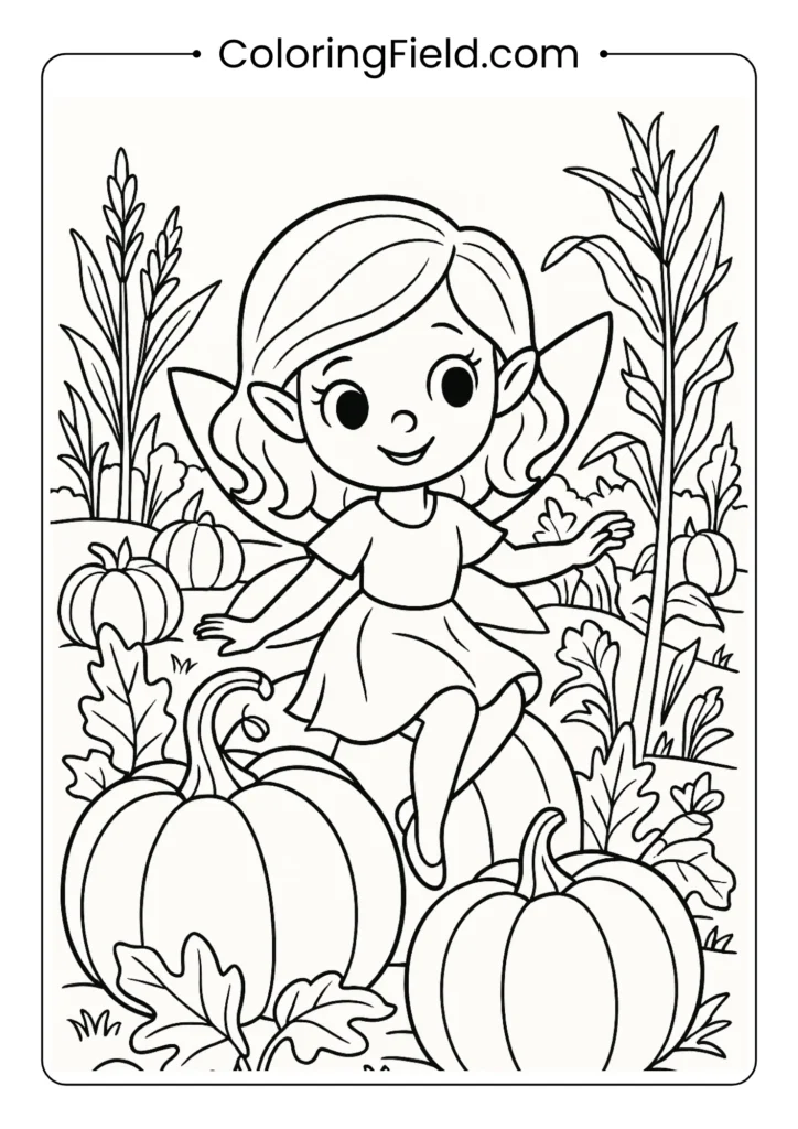 Fairy in pumpkin patch with autumn vegetables coloring page