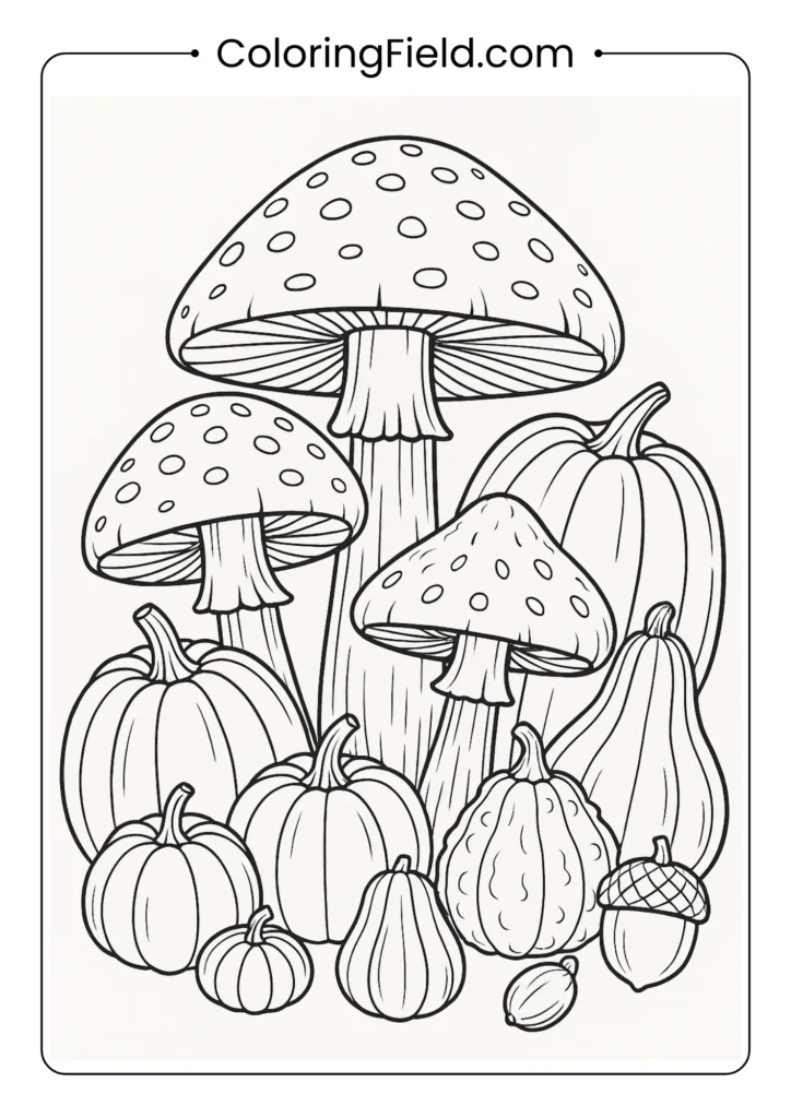 Mushrooms surrounded by pumpkins and gourds in harvest theme coloring page