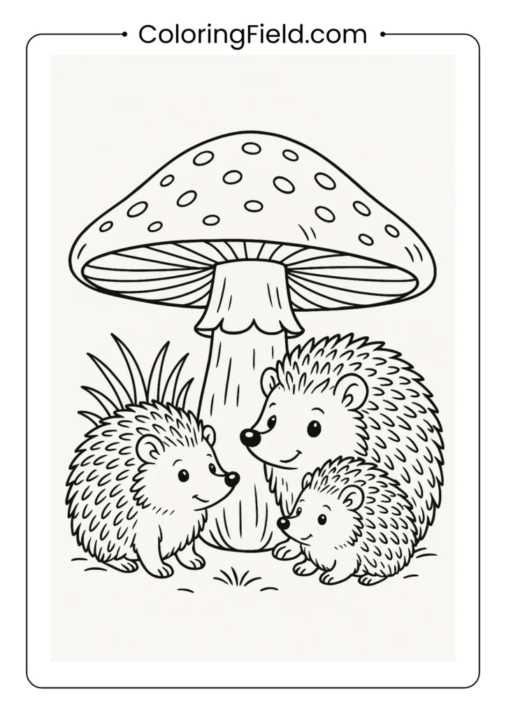 Hedgehog family of three sheltering under large mushroom coloring page