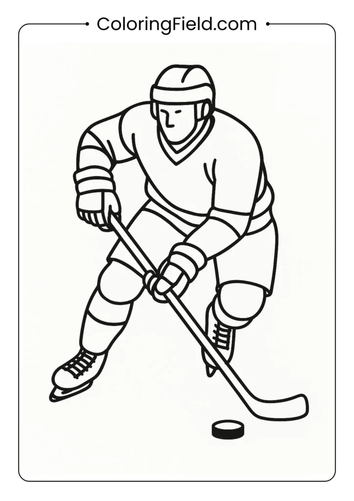 Hockey player coloring page with stick puck and protective gear