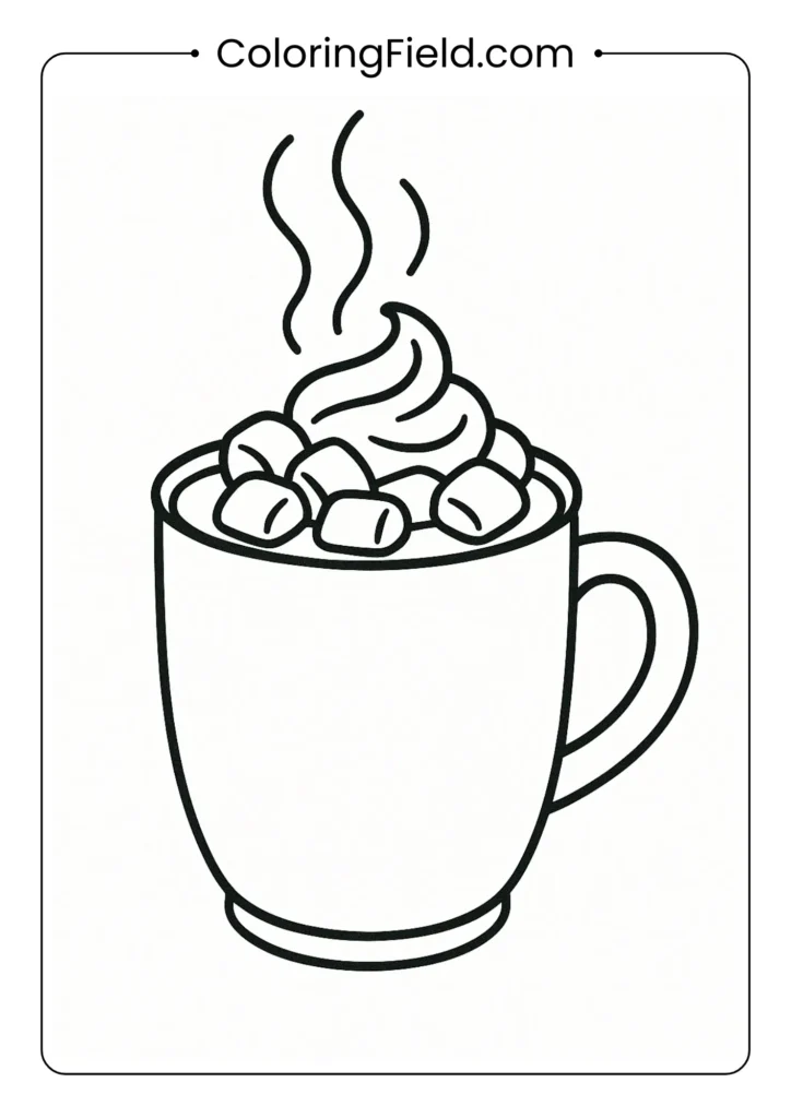Hot chocolate mug coloring page with marshmallows and whipped cream