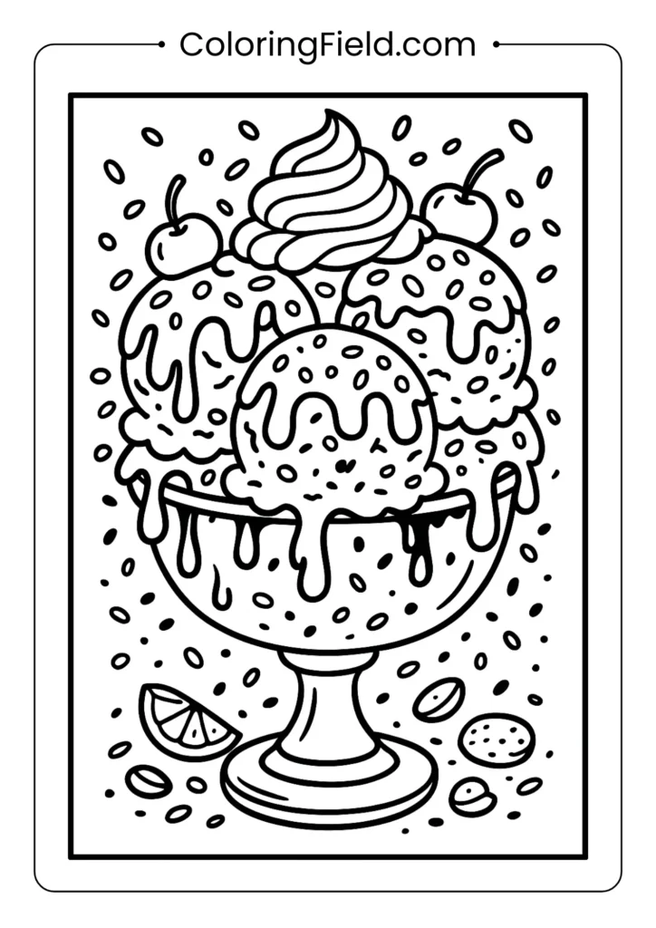 Hot fudge sundae supreme coloring page with multiple toppings and dripping sauce