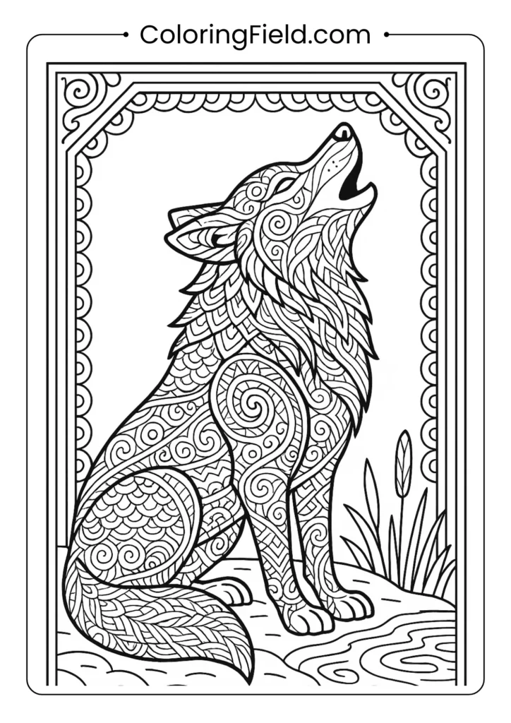 Howling wolf zentangle coloring page filled with intricate patterns and decorative border