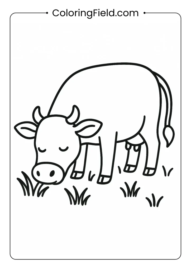 Simple cow grazing outline coloring page with basic grass details