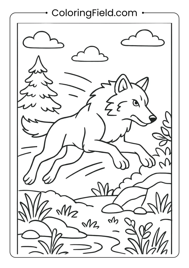 Wolf hunting action coloring page showing dynamic movement and muscle definition