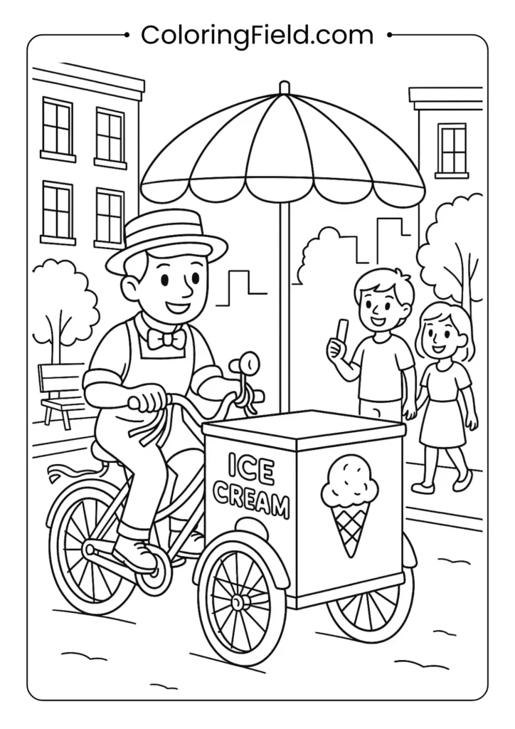 Ice cream bike vendor coloring page with vintage bicycle and period costume