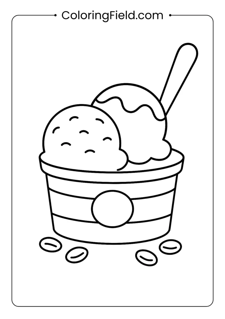 Ice cream cup with spoon coloring page featuring nuts and simple design