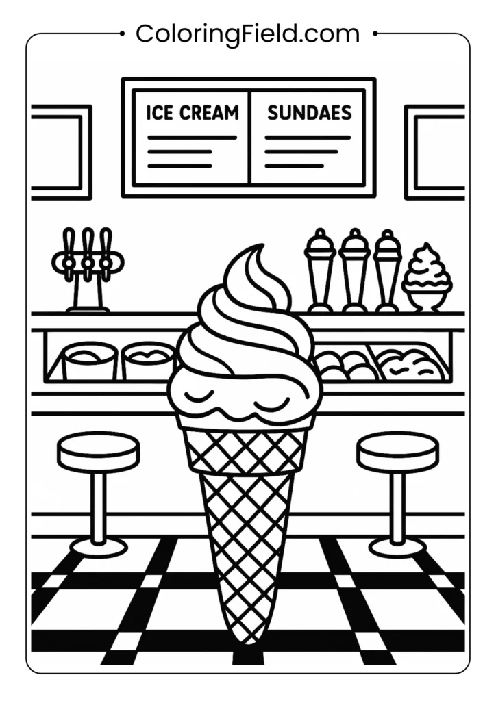 Ice cream parlor interior coloring page with counter, stools and menu board