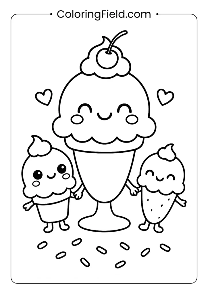 Ice cream sundae family coloring page with parent and children holding hands