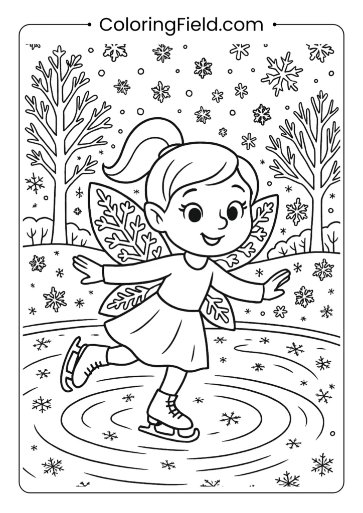 Fairy ice skating on frozen pond coloring page for winter