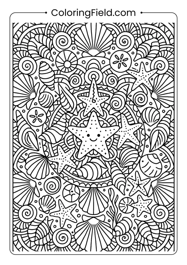 Complex seashell mandala coloring page with geometric patterns, adult coloring