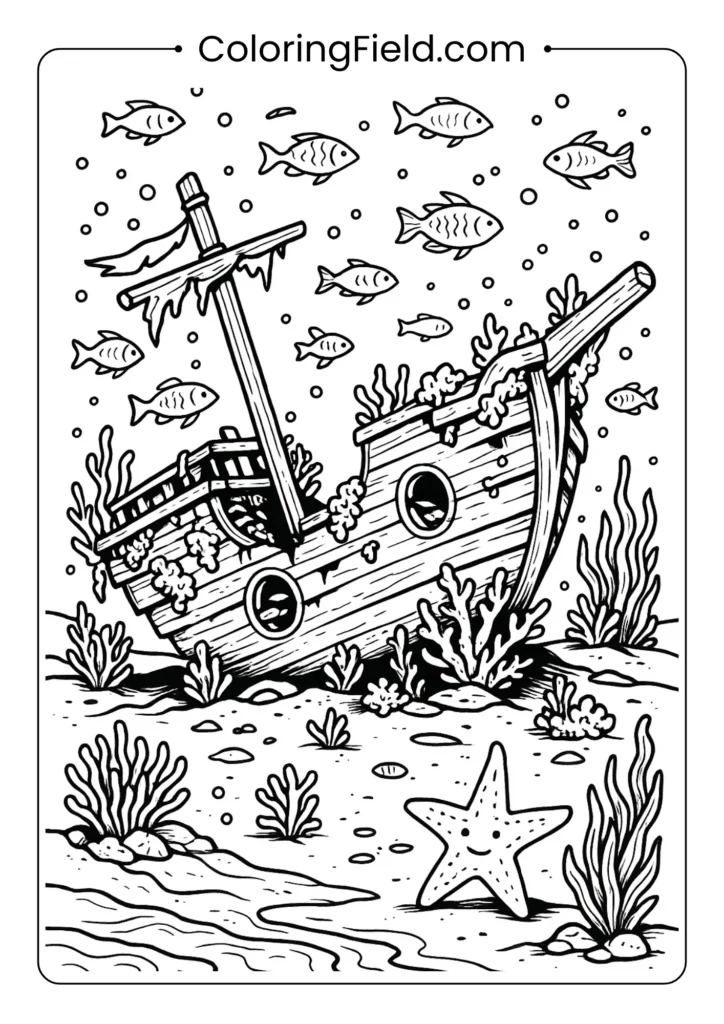 Detailed sunken ship coloring page with coral growth and swimming fish
