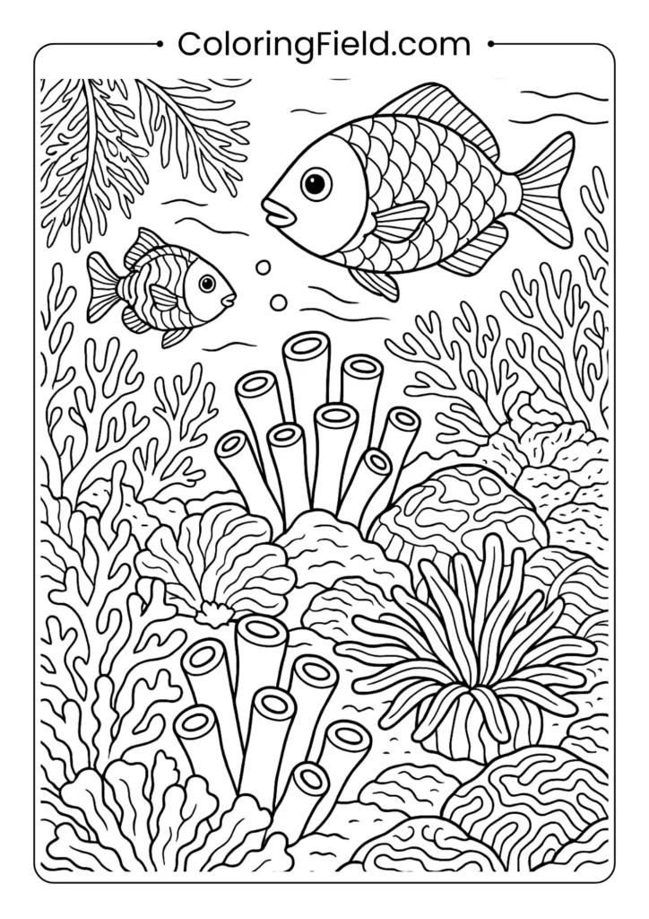 Complex coral reef coloring page with detailed fish, anemones and marine life