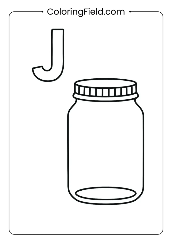 Letter J coloring page with mason jar for alphabet learning activities
