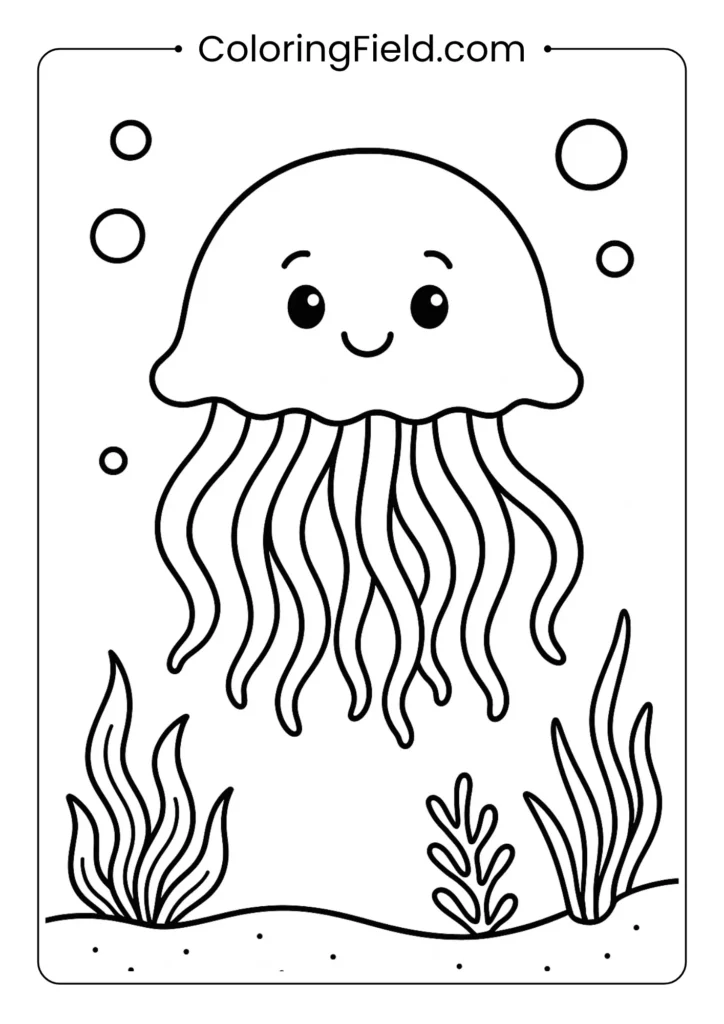 Colorful jellyfish floating underwater coloring page with flowing tentacles
