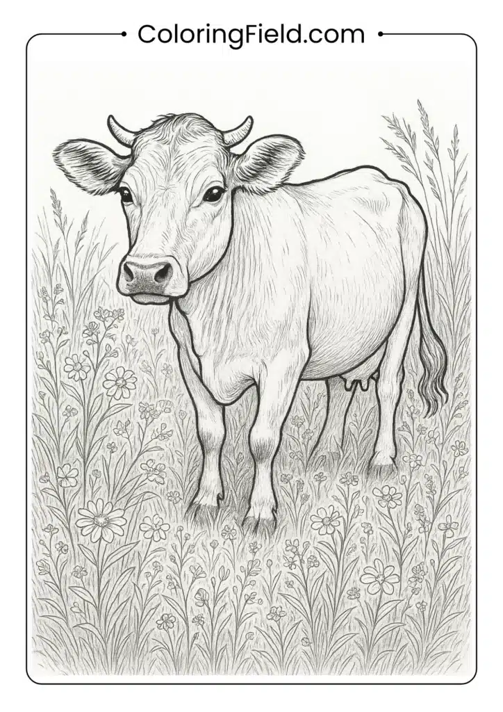Realistic Jersey cow in detailed wildflower meadow landscape coloring page