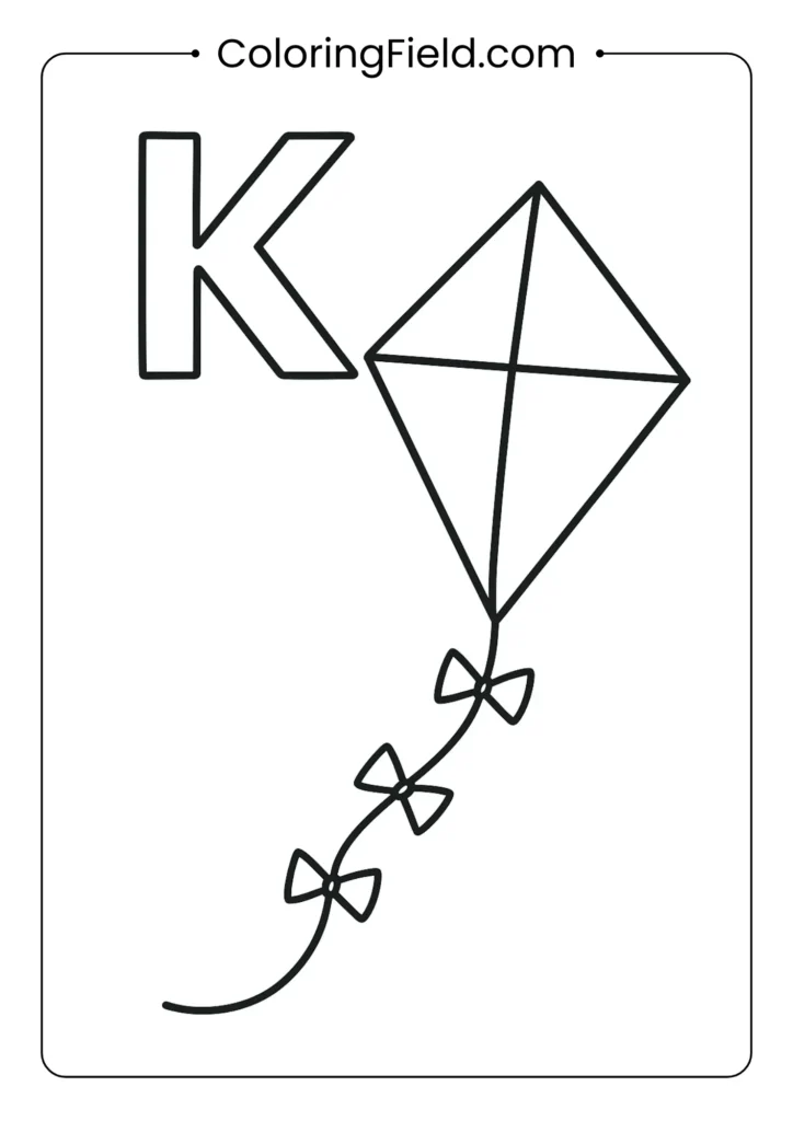 Letter K coloring page with diamond kite for outdoor-themed alphabet learning
