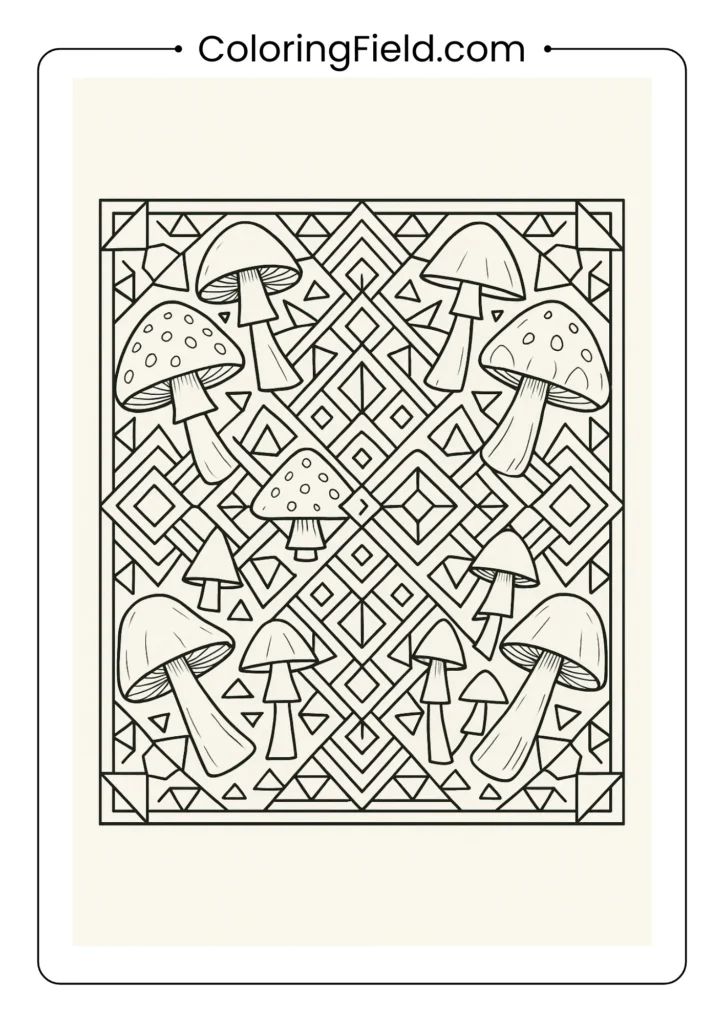 Kaleidoscope pattern featuring geometric mushroom shapes coloring page