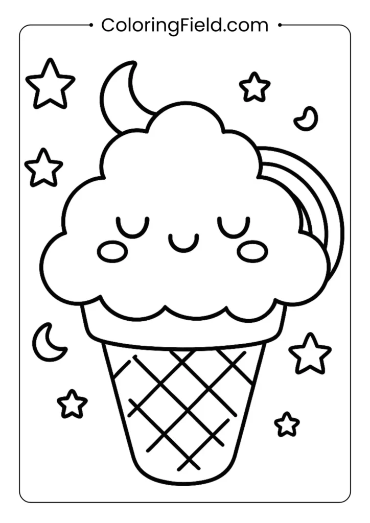 Kawaii cloud ice cream coloring page with rainbow, stars and peaceful expression