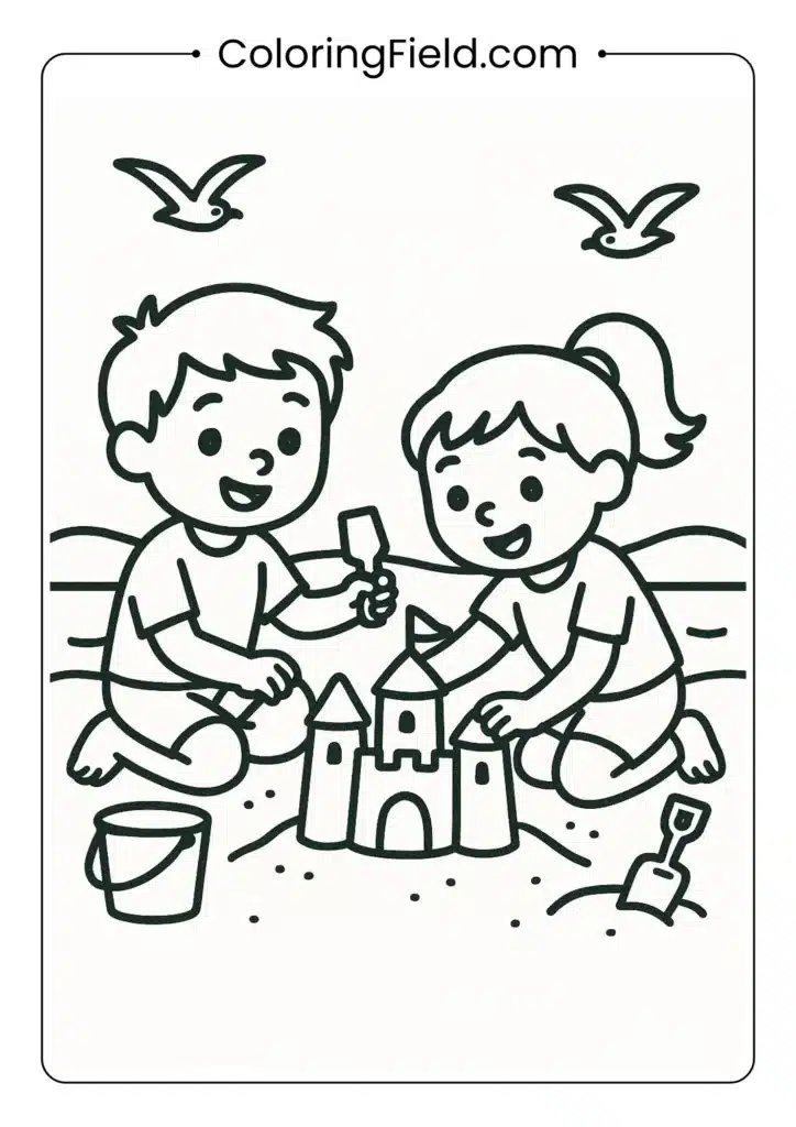 Children building sandcastle coloring page with buckets, shovels and seagulls