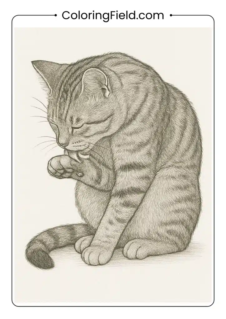 Kitten licking paw while grooming.