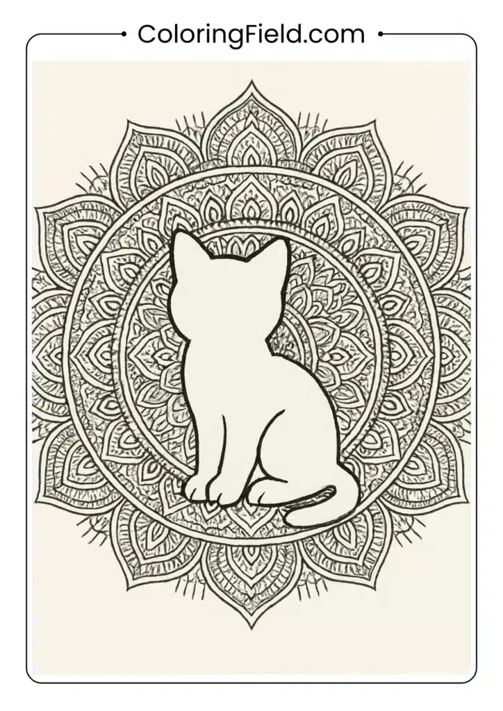 Intricate mandala with kitten silhouette in center.