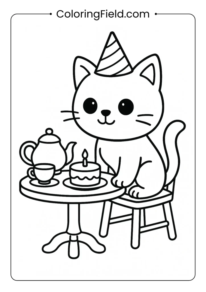 Kitten at tea table with teapot and cake.