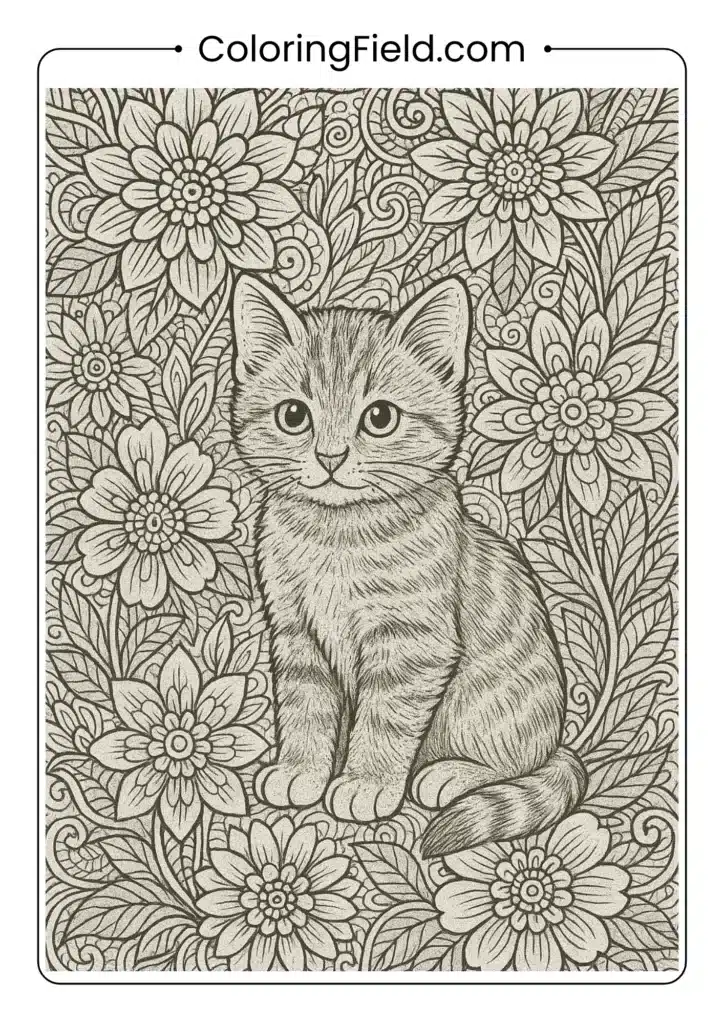 Kitten surrounded by flowers and leaves.