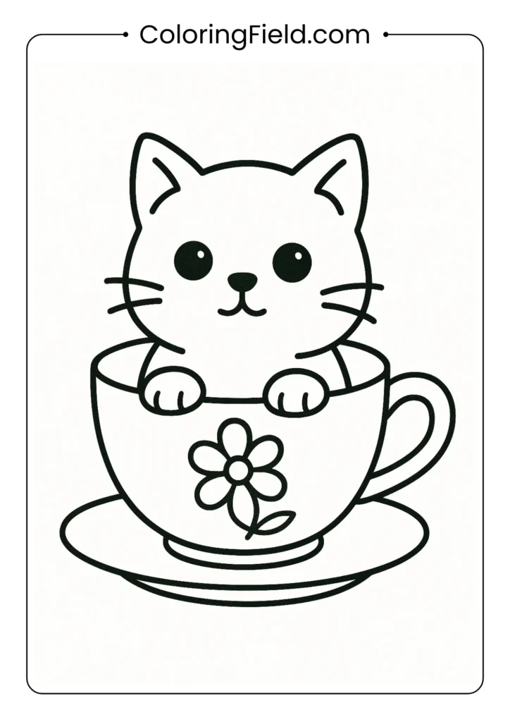 Small kitten sitting inside a large teacup with floral designs.