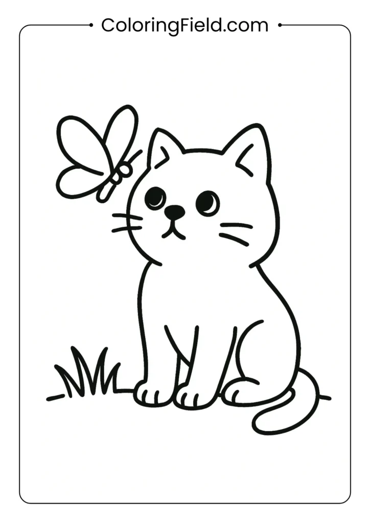 Kitten staring cross-eyed at butterfly perched on its nose.