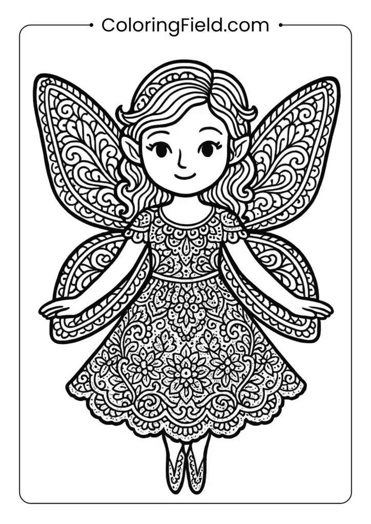 Fairy with detailed lace pattern dress and wings coloring page for adults