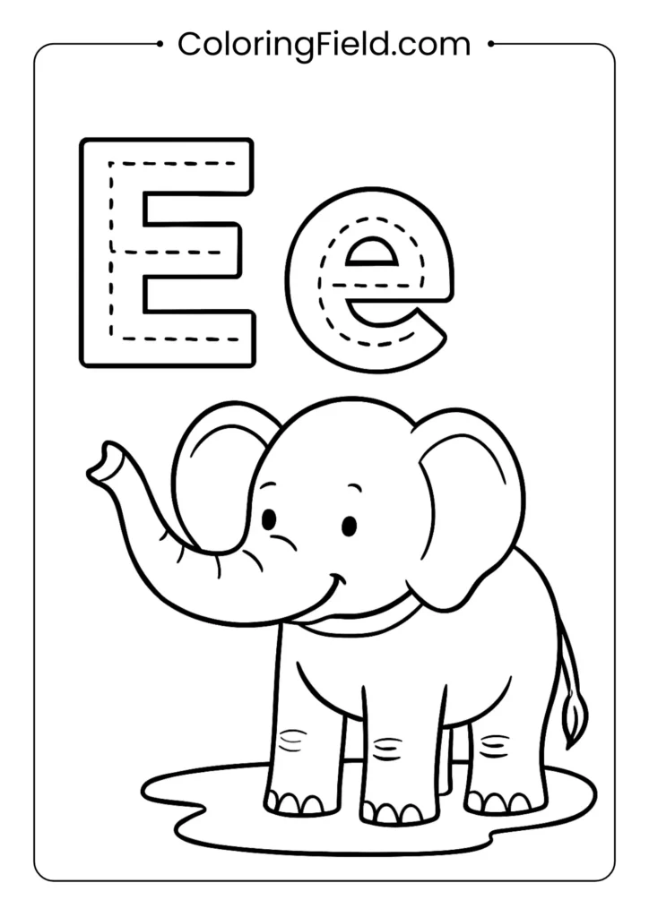 Letter E tracing and coloring worksheet with elephant for handwriting practice
