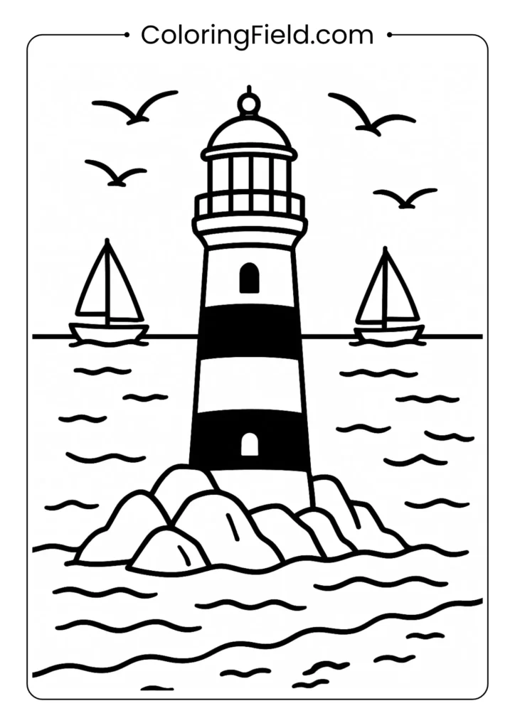 Classic lighthouse on rocks coloring page with sailboats and seagulls