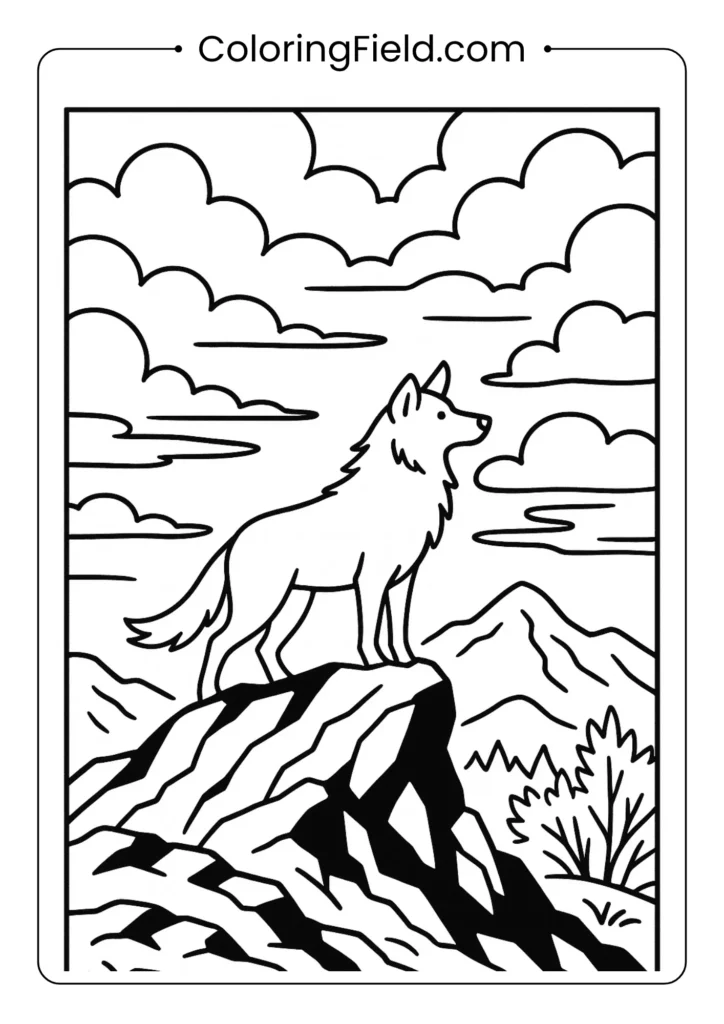 Lone wolf mountain ridge coloring page with dramatic landscape and sky background