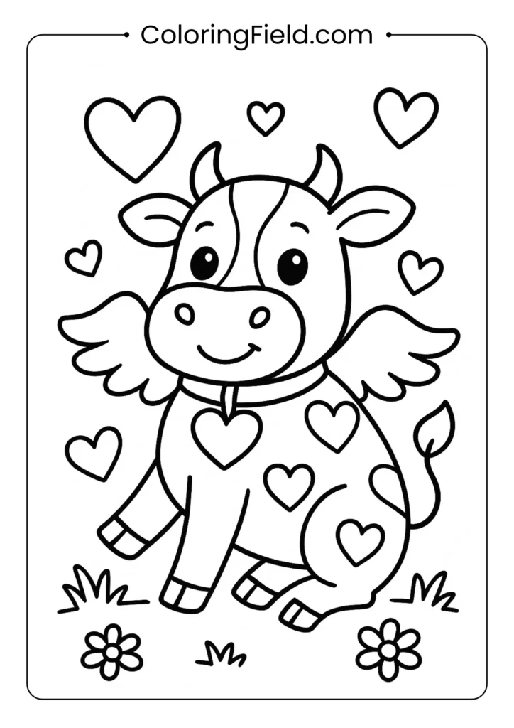 Valentine's Day cow with hearts and cupid wings romantic coloring page