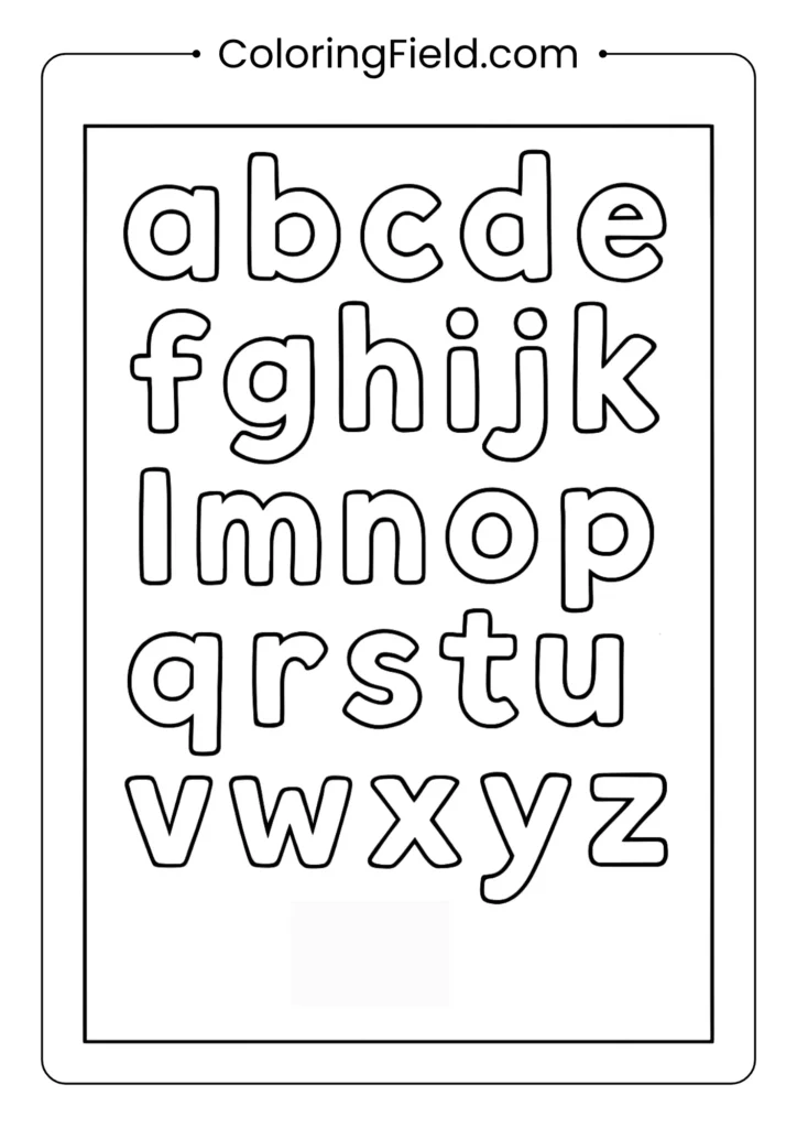 Coloring page with lowercase letters a to z outlined in bold, ready to be colored