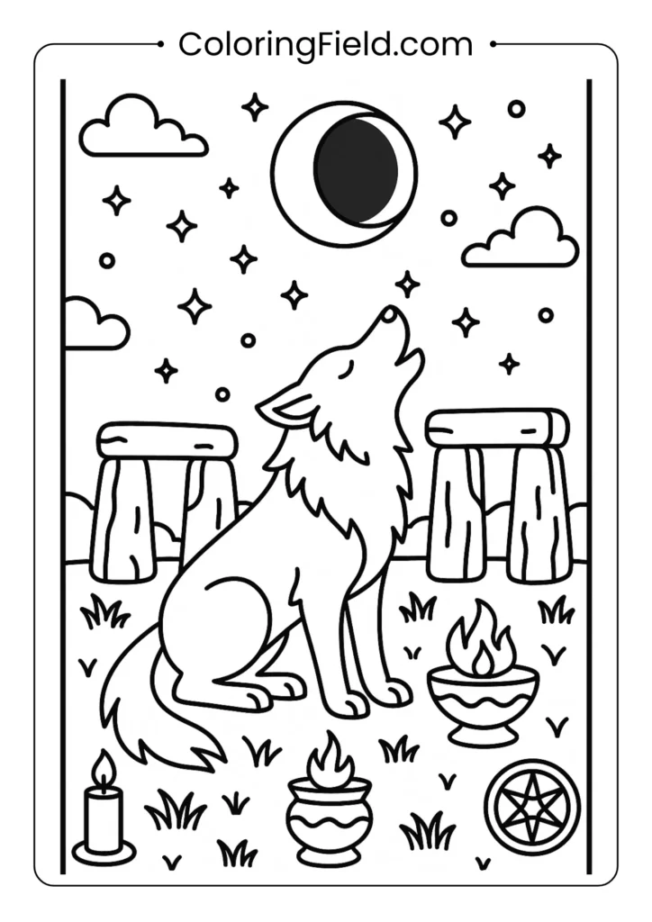Wolf lunar eclipse prophecy coloring page with ancient stone circles and mystical symbols