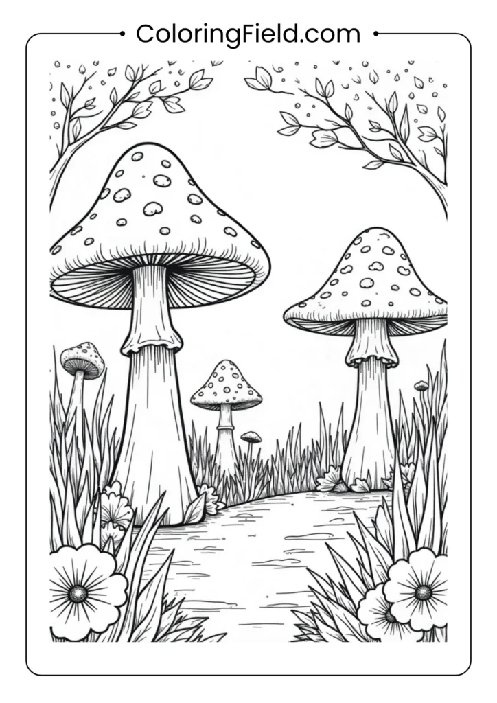 Magical mushroom garden coloring page featuring a whimsical collection of mushrooms of various shapes and sizes surrounded by flowers, leaves, and fairy-tale details.