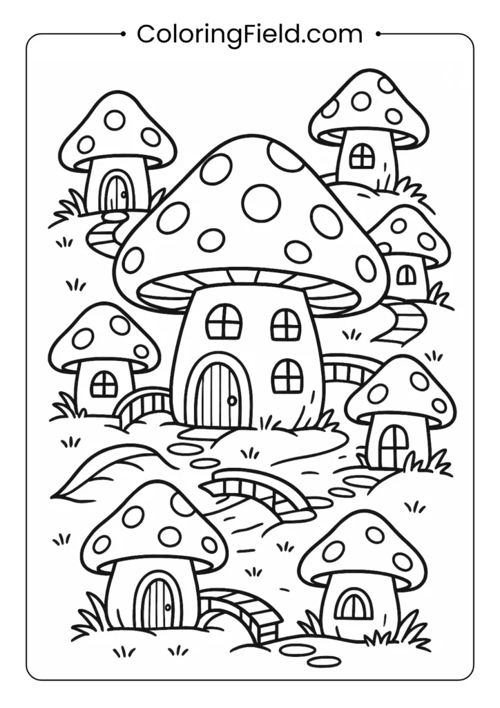 Fairy village with multiple mushroom houses and tiny bridges coloring page