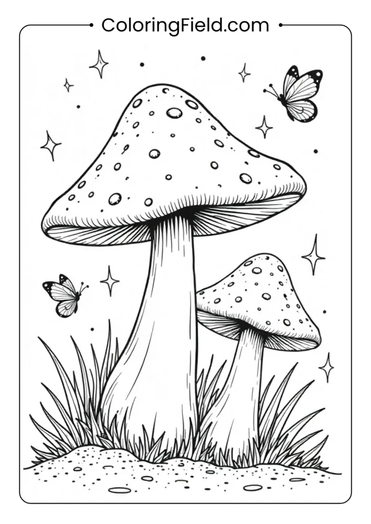 Magical night mushrooms with fireflies coloring page featuring glowing mushrooms in a nighttime forest with flying fireflies and twinkling lights.