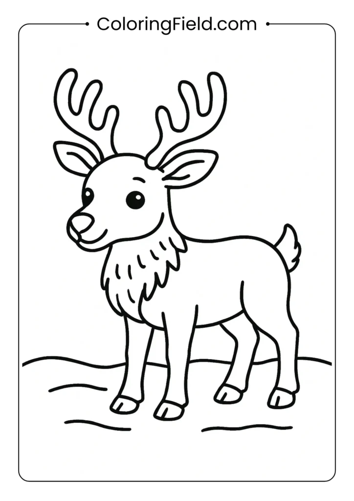 Reindeer coloring page with large antlers standing in winter scene