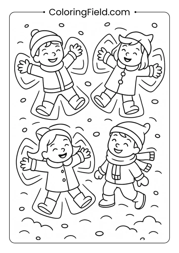 Children making snow angels coloring page lying in snow