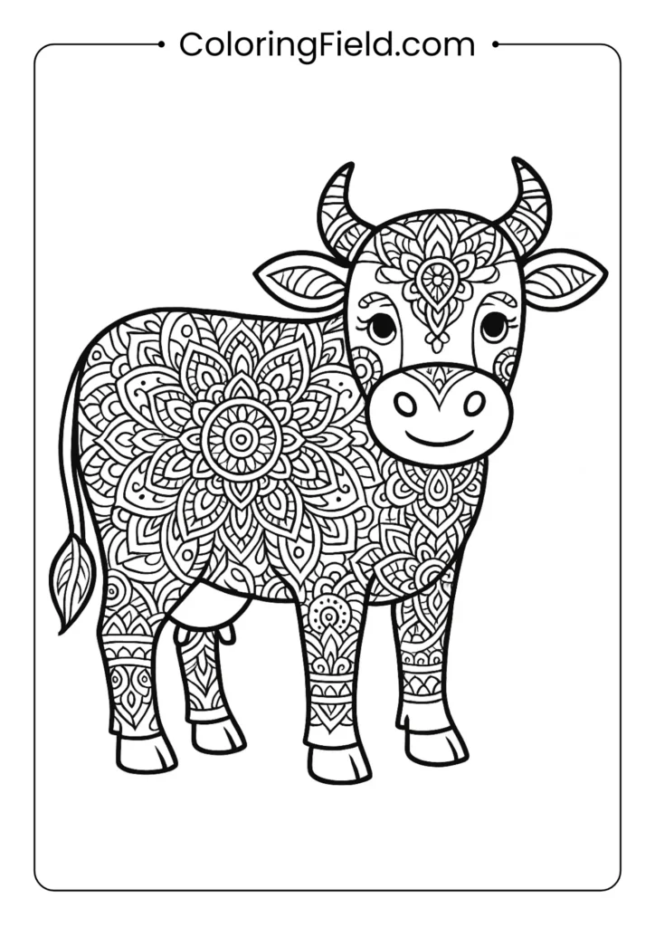 Cow with intricate mandala patterns meditation coloring page