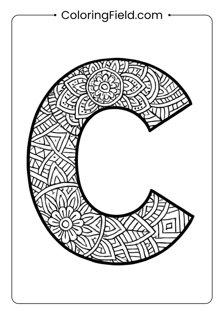 Intricate mandala letter C coloring page with detailed patterns for advanced coloring