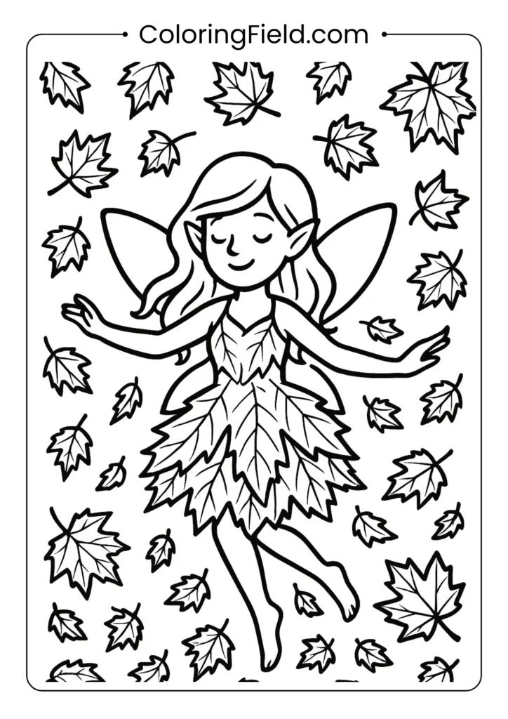 Fairy with dress made of colorful maple leaves coloring page for autumn