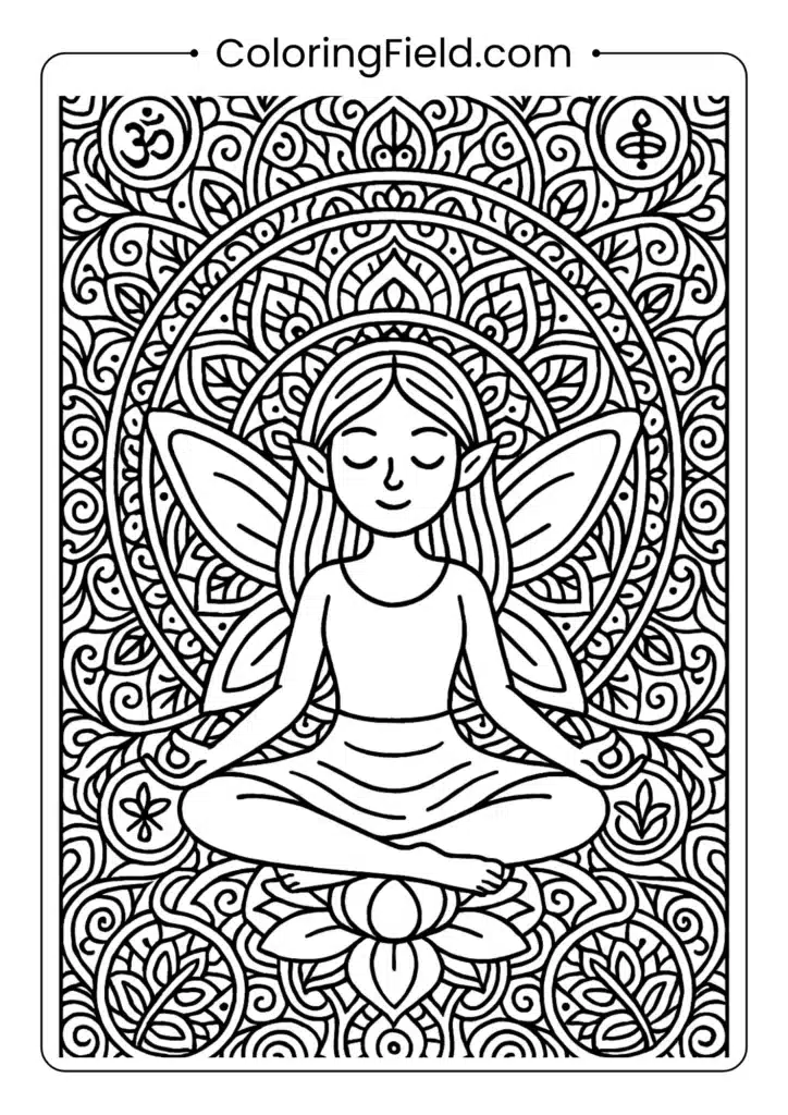 Fairy in lotus position with mandala circles coloring page for adults