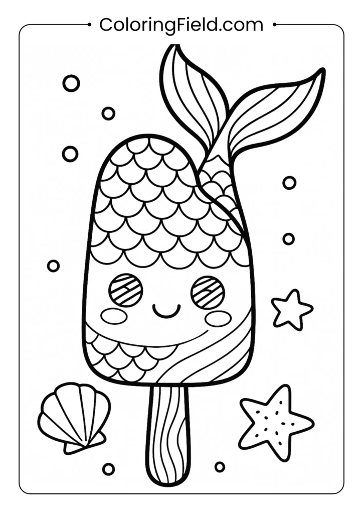 Mermaid tail popsicle coloring page with scales and ocean decorations