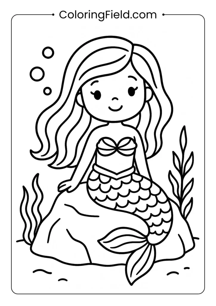 Cute mermaid sitting on rock coloring page with flowing hair and fish tail