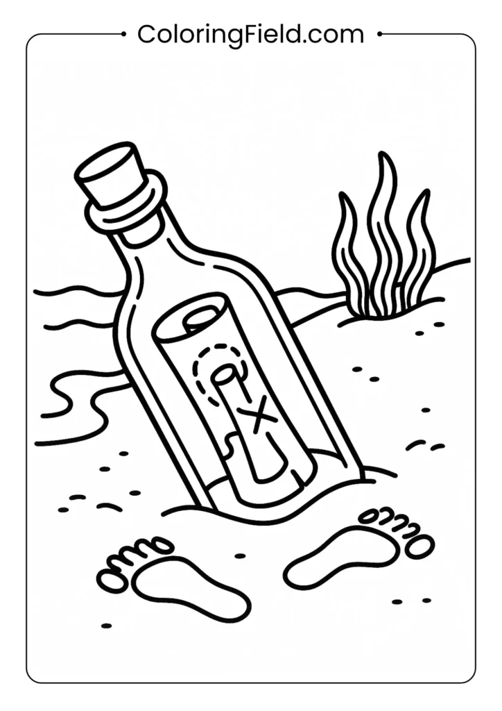 Message in bottle coloring page washed up on shore with treasure map inside